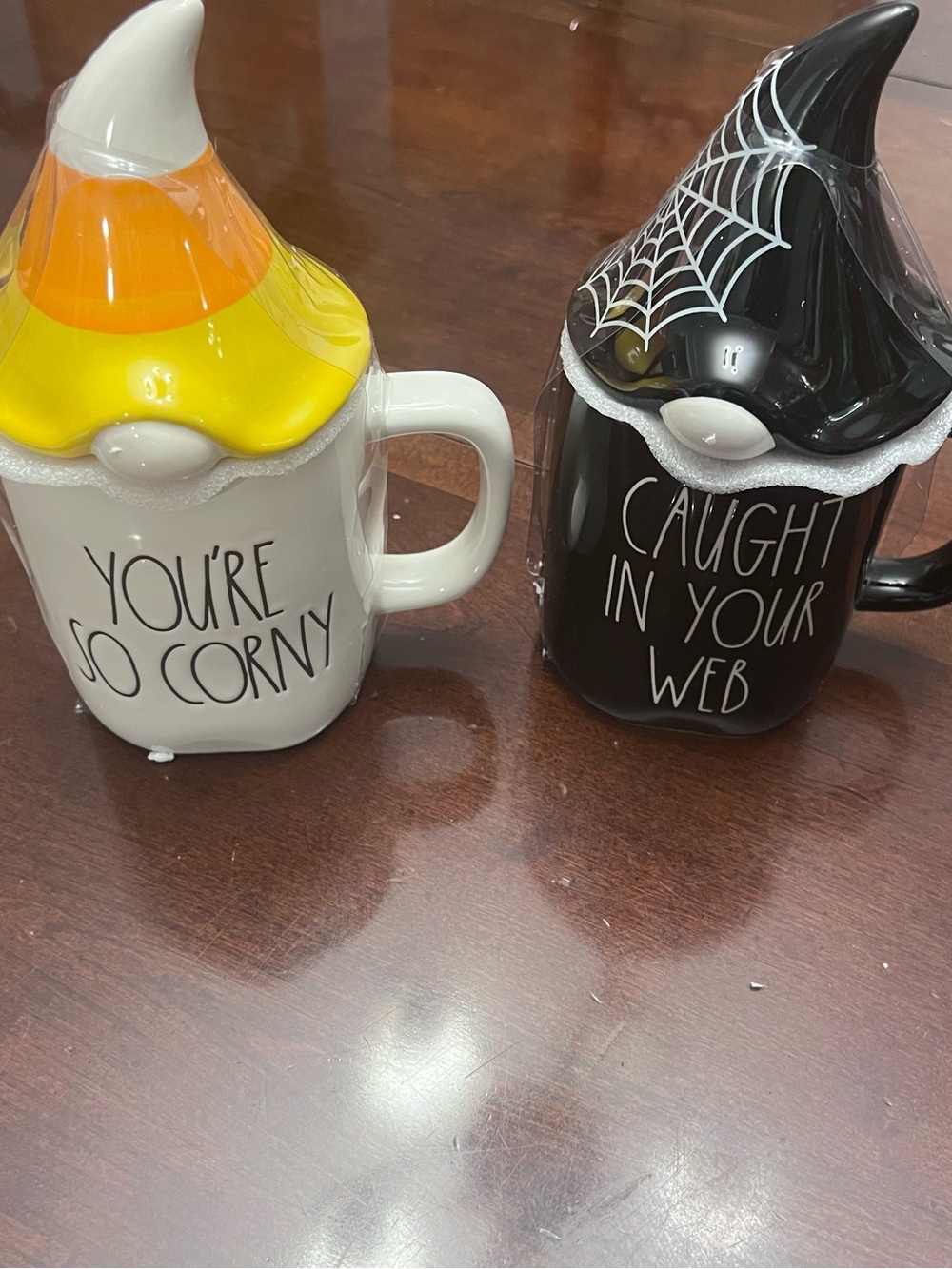 Rae Dunn Yellow White Candy Corn gnome Mug & Black White Spiderweb gnome Mug